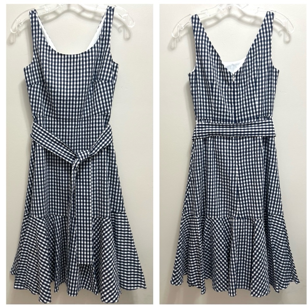J. Crew Gingham Ruffle Hem Midi Dress Fit & Flare Sleeveless Blue - Picture 3 of 11